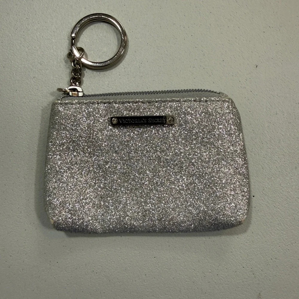 Victorias Secret Womens Coin Purse Silver Glitter Keychain Glam Y2K